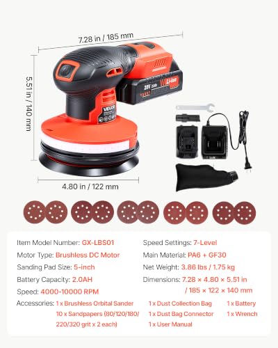 Image of VEVOR 5-Inch Cordless Random Orbital Sander 300W Brushless Orbital Sander