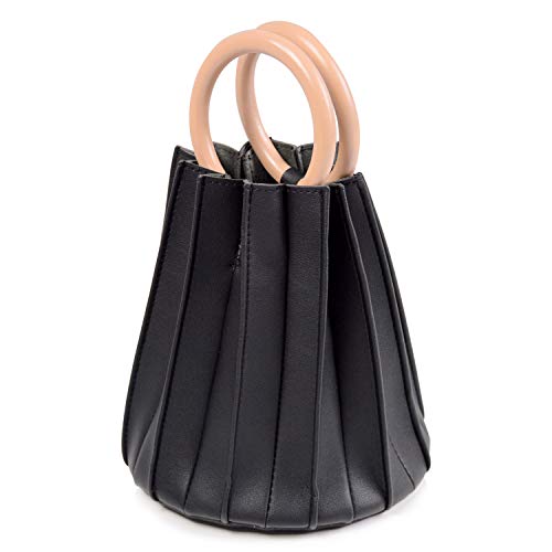レディース プリーツバッグ 円形 ハンドバッグ 2wayバッグ バケツ型 鞄 斜め掛け ミニバッグ フェイクレザー 4color (ブラック)