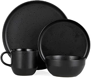 Barbary & Oak BO867005BLK Luna 16 Piece Dinnerware Set, Stoneware, Matte Black with Gloss Speckle