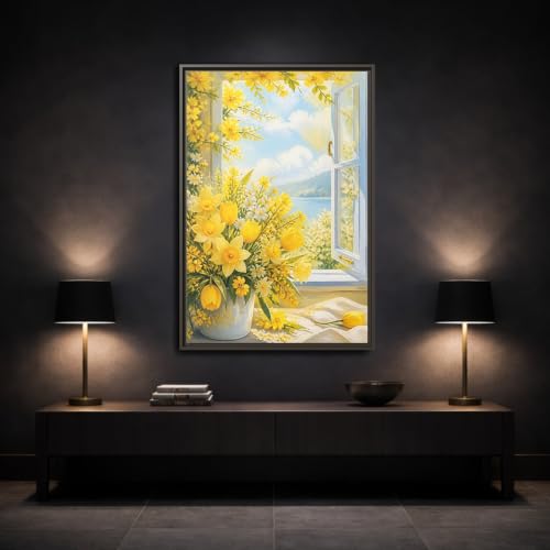 Tableau fleurs jaunes de 50x75cm idéal pour sublimer l'espace au-dessus d'une cheminée