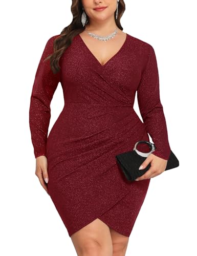 Image of CYCLAMEN 1X-4X Plus Size Sparkle Glitter Ruched Bodycon Mini Wrap Dress Sparkly Sequin Dresses Ruffle Sleeve Party Cocktail