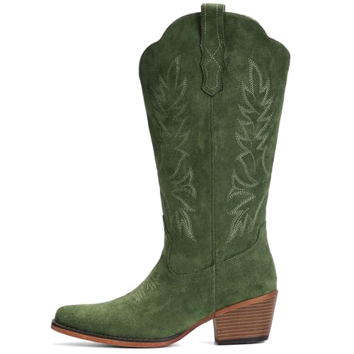 Image of IUV Suede Cowboy Boots for Women Mid Calf Western Cowgirl Boots | Retro Embroidered Snip Toe Chunky Heel Western Boot for Country Concert Music Festival Cowboy Chic