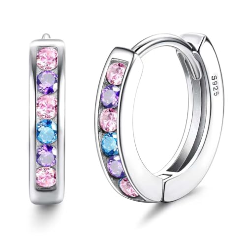 MKEWUU Pendientes Niña Plata, 1 Par De Pendientes Aro Plata 925 Con Circonita De Colores, Pendientes Hipoalergénicos Para Niña Mujer Bebé, Tamaño Estándar, Joyería Regalo