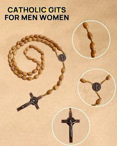 Image of Bovemee Saint Benedict Medal Prayer Pocket Rosary Catholic Brown Wood Beads with Medalla de san benitol and Crucifix, 9 Inch