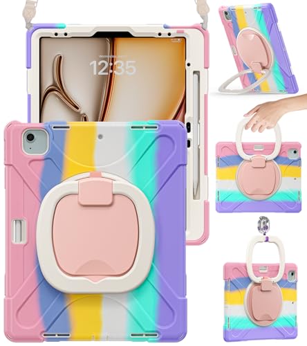 BRAECN for iPad Air 13 Inch Case M4 2026/M3 2025/M2 2024 & iPad Pro 12.9 Case (6th/5th4th/3rd Gen) Heavy Duty Silicone Cover with 360 Swivel Kickstand Shoulder Strap Pencil Holder Colorful Pink