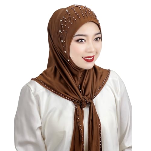 Women's Elegant Pearls Muslim Islam Instant Hijab Scarf Soft Full Cover Turkish Headwear Jersey Headscarf Shawl Wrap Turban