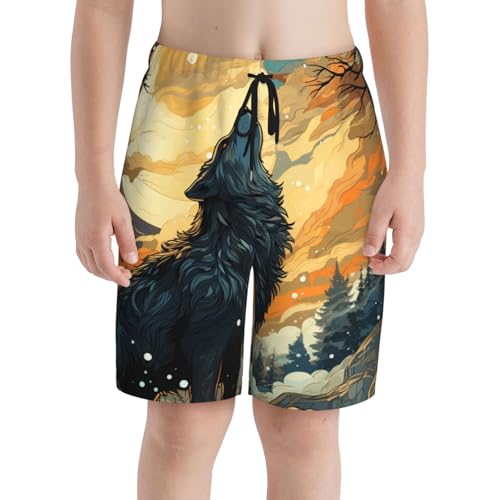 Boys Swim Trunks Beach Board Shorts Summer Bathing Suits Teen Kids, Wolf Howling Moon Cool Art3