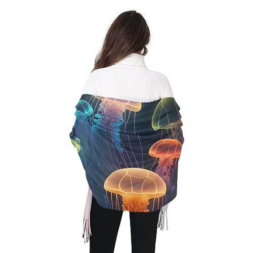 Vnurnrn Cashmere Feel Scarf for Women, Soft Warm Single-sided Rainbow Jellyfishes Print, Fashion Pashminas Shawl Wrap Large Size with Tassels4