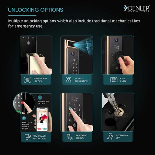 Image of Denler DL10v2 8-in-1 Smart Door Lock | 3D Face ID | Fingerprint | App Unlock | LCD Camera | Inbuilt Wi-Fi | Alexa & Google Support | Android & iPhone | RFID | PIN | Key