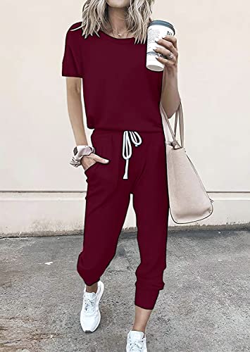 Image of PRETTYGARDEN Women Summer Two Piece Outfits Striped Short Sleeve Pullover and Long Pants Tracksuit Travel Pajama Lounge Set
