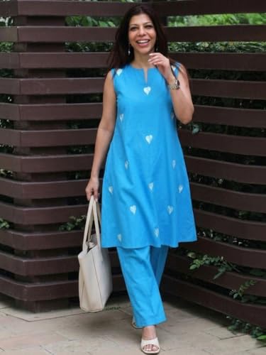 Image of ANNI Designer Kurta Set for Women Cotton Blend Embroidered | Kurti Set for Woman | Farshi Salwar Suit Kurta Palazzo Outfit | Round Neck V Slit Sleeveless Regular Fit Ethnic Dress Stylish Clothing