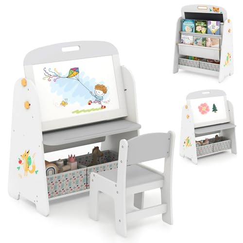 HOMASIS 4 en 1 Juego de Mesa Artística para Niños con Silla, Escritorio, Pizarra Magnética, Pizarra Negra y Estante, Caballete Ajustable en Ángulo con Goma y 5 Tizas (Gris)