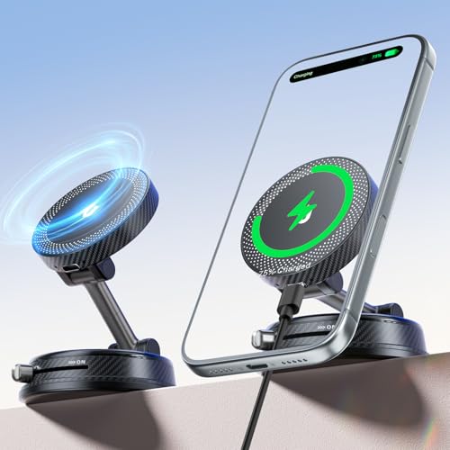 CloudValley Only for iPhone Magnetic Car Mount Charger【15W Fast Wireless Charging】 Compatible with MagSafe, Super Strong Vacuum Suction, 360° Adjustable Foldable Stand for Car Dashboard/Windshield