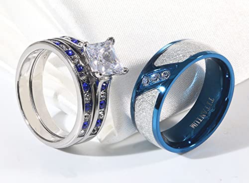 ringheart 2 His and Hers Ring Couple Rings White Gold Plated Princess Cut Cz Womens Wedding Ring Sets Red Titanium Steel Mens Wedding Bands3