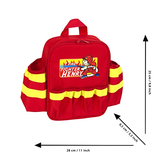 Theo Klein 8900 Fire Fighter Henry Feuerwehr-Rucksack I Mit batteriebetriebener Taschenlampe, Feuerlöscher und vielem mehr I Robuster Rucksack mit Reflektor und verstellbaren Riemen, Rot