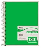 Mead Spiral Notebook, 5 Subject, Wide Ruled Paper, 180 Sheets, 10-1/2