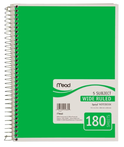Mead Spiral Notebook, 5 Subject, Wide Ruled Paper, 180 Sheets, 10-1/2" X 7-1/2", Green (72233) #TOP16