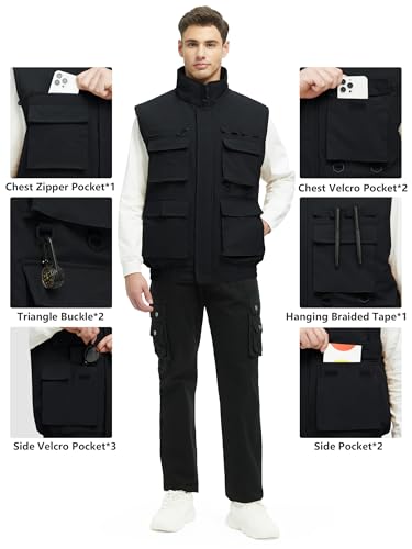 VOPOKER Colete masculino de inverno masculino com bolsos forrado com lã, colete resistente à água pa