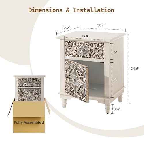 Image of SUNBURY End Table Living Room Small Side Table w Drawer, 18 inch Vintage Wood Nightstand, 2-Tier MDF Living Room End Table Wood Accent Table, Bed Side Night Stand