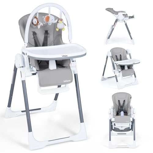 Image of INFANS High Chair for Babies and Toddlers, Foldable Highchair with 7 Different Heights 4 Reclining Backrest Seat 3 Setting Footrest, Removable Tray Built-in Rear Wheels with Locks