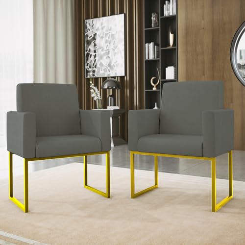 Kit 2 Poltrona Cadeira Decorativa Recepção Base Ferro Dourado Preto (Cinza)