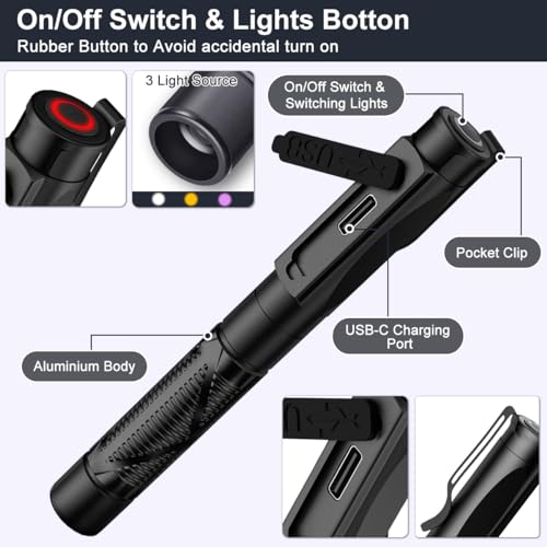 PEAKRO Diagnostikleuchte Medizinische Pupillenleuchte Wiederaufladbare USB, 3-Farben-Licht, Tragbare LED Stiftlampe mit Taschenclip für Krankenschwestern Studentische Ärzte