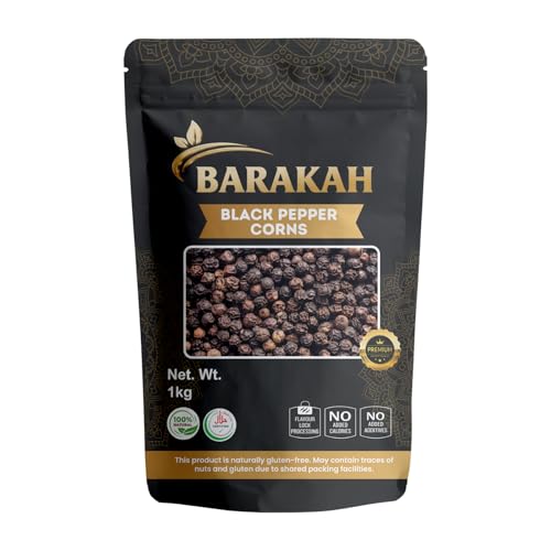 Barakah Black Peppercorns 1kg - Whole Black Pepper Corns for Grinder Refill & Pepper Mill - 100% Natural Bold & Aromatic Whole Peppercorns - Non-GMO & Vegan Black Pepper 1 kg Bulk Bag
