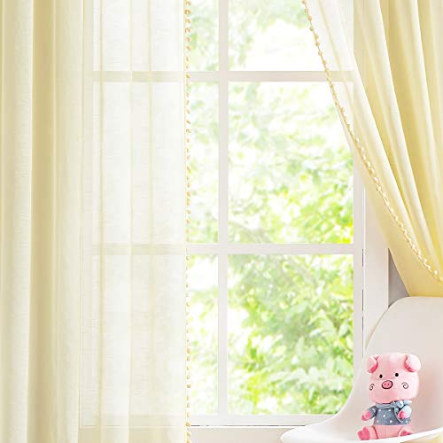 Treatmentex Pom-Pom Sheer Curtains For Living Room, 84 Inch Long Yellow Curtain Drapes For Kids Room 2 Panels Rod Pocket #TOP4