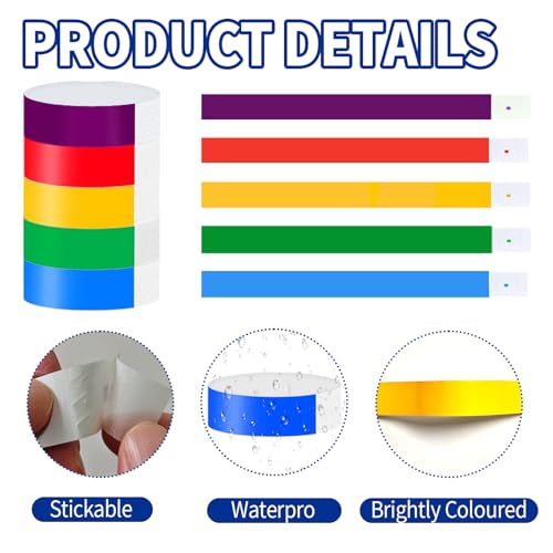 500 Stück Partybänder, Wasserdichte Papierarmbänder Für Veranstaltungen, Eintrittsbänder Einlassbänder, Wasserdichte Festival Handgelenkband, 19×250 mm für Club Party Festival Wasserpark (5 Farbe)