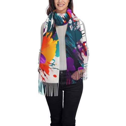 Paint Splatter Ladies And Girls Tassel Scarf, Soft Faux Cashmere Scarf For Winter - Perfect For Autumn And Winter Wear, Black