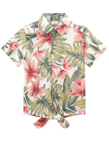 Image of Noomelfish Girls Tie Front Hawaiian Shirt Summer Floral Tropic Short Sleeve Button Down Tops (5-14 Years)