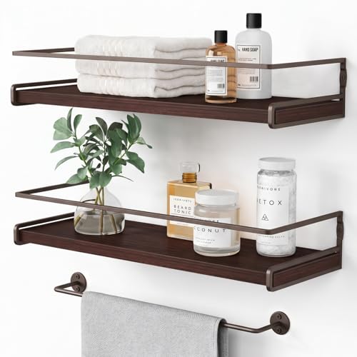 Forbena Dark Brown Kitchen Shelves Wall Mounted Set of 2, Walnut Brown Floating Kitchen Wall Shelves with Rail, Hanging Shelves for Kitchen Wall Coffee Bar (Wooden Pine Wood)