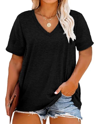 Plus Size V Neck T Shirts Women Short Sleeve Tops Casual Summer Tshirts Loose Fit Tee