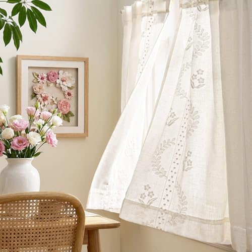 Image of jinchan White Floral Linen Kitchen Tier Curtains 24 Inch, 2 Panels
