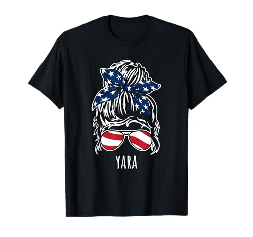 Photo de Yara Messy Hair Chignon avec Lunettes de Soleil Ruban USA T-Shirt