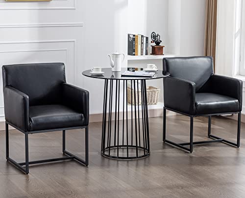 Vescasa Faux Leather Upholstered Dining Chairs With Arms Set Of 2, Mid Century Modern Padded Kitchen Chair With Black Metal Frame For Restaurant, Dining Room, Black #TOP2