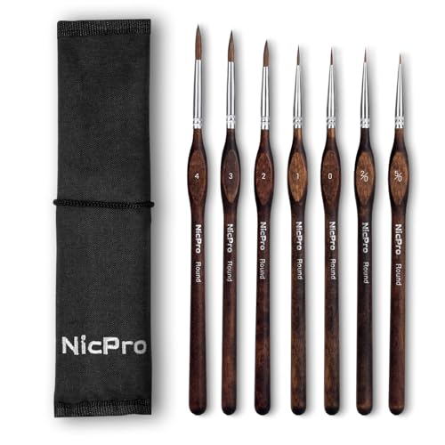 Nicpro 7 Pinceles miniaturas, Pinceles Pintura acrilica Profesionales de Detalle Fino con Estuche de Tela, Paint Brushes de Punta Redonda para miniaturas, acrílico y Figuras, maquetas, Acuarela