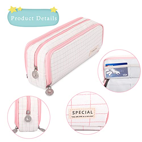 Image of iSuperb Large Pencil Case Big Capacity Pencil Pouch 3 Compartments Pen Bag Canvas Marker Pen Bag for Teen Boys Girls School Students (Plaid Pink)