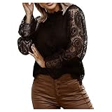 Fcostume Damen Bluse Hoher Kragen mit Spitzen Schick Tunika Mit Laternenärmel Langarmshirt Elegant Hemd Dame Oberteile Blusen Tops