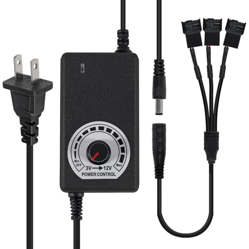 UMLUFE 12V Fan Power Supply,PC Fan Speed Controller,100-240vAC to 3-12vDC 24W Adjustable Fan Power Adapter,with Fan Splitter Cable,DC Female to 2 x 3/4 Pin