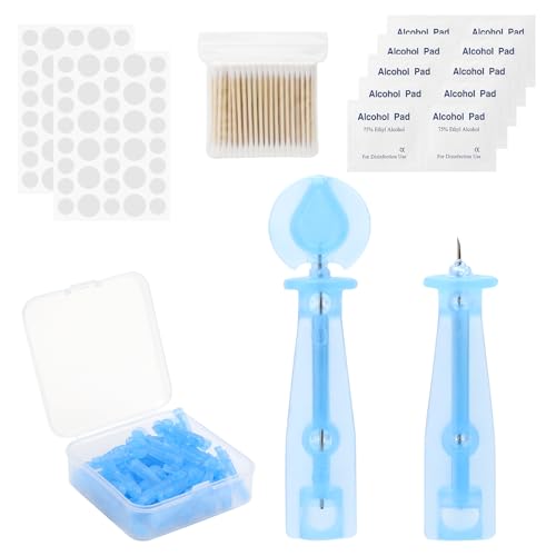 50 bastoncini monouso e 72 punti acne brufoli adesivi per rimuovere gli aghi, per esprimere i brufoli, pratico set di popper, 10 tamponi imbevuti di alcool e 100 tamponi di cotone double face