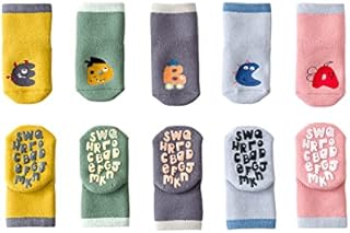 Estwell Baby Boys Girls Anti Slip Socks 5 Pairs Thick Warm Cotton Socks with Grips Kids Children Cute Animal Non Skid Socks