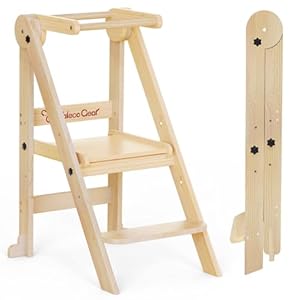 Foldable Toddler Kitchen Stool Helper, Toddler Tower with 3 Adjustable Height, Wooden Toddler Step Stool, Collapsible Toddler Tower, Toddler Stool for Kitchen and Bathroom (Nature)