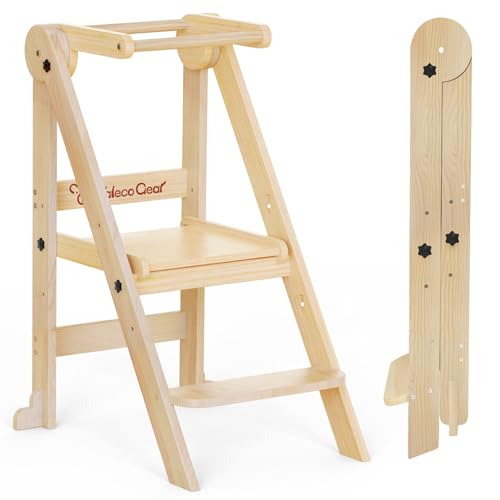 Foldable Toddler Kitchen Stool Helper, Toddler Tower with 3 Adjustable Height, Wooden Toddler Step Stool, Collapsible Toddler Tower, Toddler Stool for Kitchen and Bathroom (Nature)