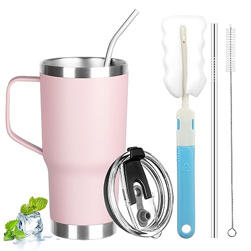 Image of 20 oz Tumbler with Handle, Stainless Steel Insulated Tumblers with Lid and Straw, Double Wall Vacuum Insulated Tumbler, Leak-proof, Insulated Travel Mug Coffee Cup for Cold and Hot (Pink)
