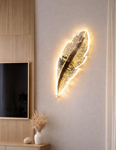 Image of SINOMAN Inbuilt LED Led Feather Wall Light Golden Leaf Design 3 Step Adjustable Color Changing Stylish Decorative Ambient Lighting Perfect for Living Room, Bedroom, Balcony, Cafe, Home Decoration