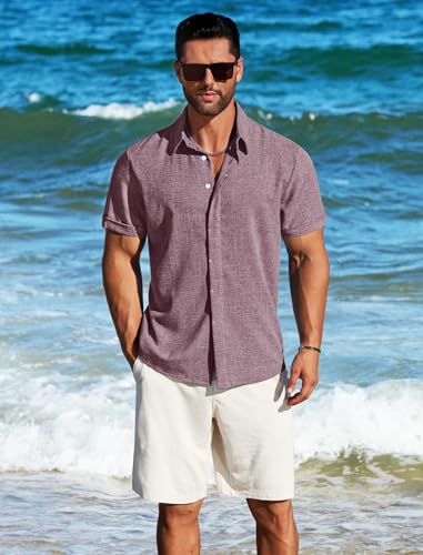 MAPICK Untuckit Shirts for Men Linen Short Sleeve Button Down Lightweight Breathable Summer Business Casual Clothes Dark Purple - Image 3