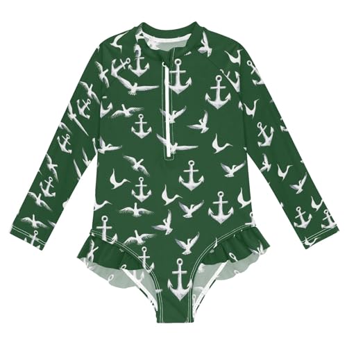 ALAZA Swimsuit for Girls Long Sleeve Rashguard Bathing Suit Sea Gull Green Bird Quick Dry 4T