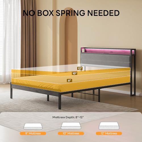 Image of LIKIMIO Queen Bed Frame with Storage Headboard and LED Lights, Metal Platform Bed with Charging Station, Noise Free, No Box Spring Needed, Under Bed Storage, Charcoal Gray