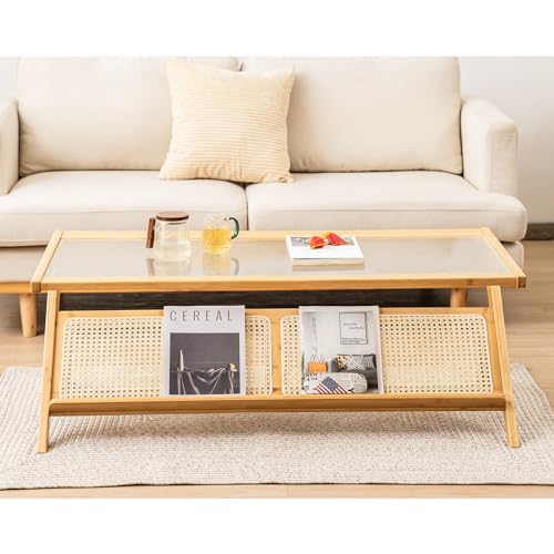 GOPLUS Mesa de Centro de Bambú, con Tablero de Vidrio y Estante de Ratán, Mesa de Café Rectangular de 2 Niveles, para Salón Oficina, 120 x 56 x 44,5 cm, Carga 50 kg, Natural